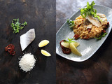 Fototapeta  - Sandacz na risotto w kompozycji z poszczególnymi składnikami do przygotowania potrawy. Sandacz, ryż, suszone pomidory, cytryna, zioła