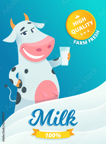 Milk Advertizing Smiling Cow Standing With Glass Of Fresh Farm