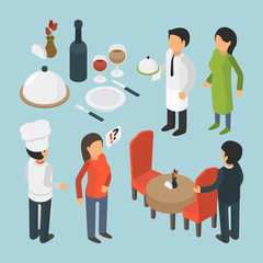 Poster - Restaurant people isometric. Cafe person event luxury lifestyle waiter food 3d vector pictures. Illustration of restaurant waiter, isometric people waitress and chef