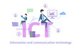 ICT, Information Communication Technology. Concept with people, letters and icons. Colored flat vector illustration on white background.