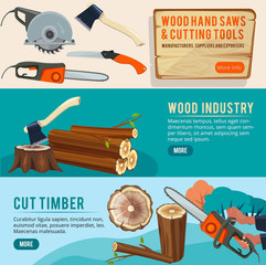 Woodworking production. Banners of wood pictures forestry pile trunks lumberjack cutting tools vector illustrations. Illustration of cut timber, wooden log and lumberjack woodworking