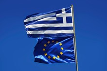 Greek Flag And Flag Of The European Union Flying In The Wind, Crete, Greece, Europe