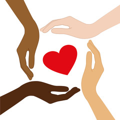 Wall Mural - red heart in the middle of human hands with different skin color