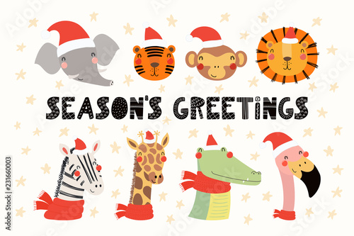 Set with cute animals in Santa Claus hats, typography. Isolated objects on wh...