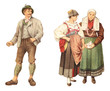 Historical German fashion - farmer (left) and girl and country woman (right) / vintage illustration from Meyers Konversations-Lexikon 1897
