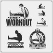 Vector set of Street Workout and fitness emblems and labels. Athletes illustrations and silhouettes.