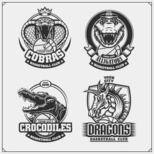 Set Of Basketball Emblems, Badges, Logos And Labels With Cobra, Crocodile And Dragon.