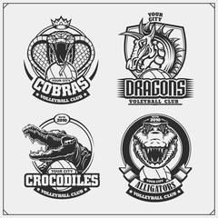 Wall Mural - Volleyball badges, labels and design elements. Sport club emblems with cobra, crocodile and dragon.