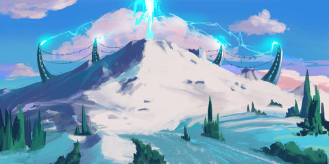 Snow Mountain. Sci Fi Topic. SpitPaint. Concept Art. Fast Drawings. Sketch Paint. Realistic Style. Video Game Digital CG Artwork, Concept Illustration, Realistic Cartoon Style Scene Design
