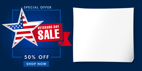 Wall Mural - Veterans day USA, sale poster. Special offer star shape for veterans day, 50% off, shop now background. Discount vector banner