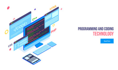 Wall Mural - isometric illustration of desktop, smartphone with different coding languages and splash screens for