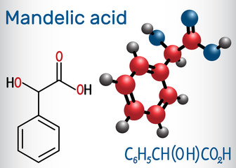 Poster - Mandelic acid molecule. Structural chemical formula and molecule model