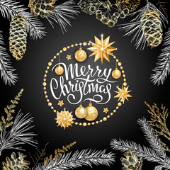 Wall Mural - Merry Christmas card with realistic golden balls, stars in round frame. Sketch of different branches of fir tree, cedar, pine, hawthorn and cones on black background. Elegant lettering