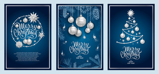 set of three card merry christmas and happy new year. christmas tree, silver glass balls, stars, seq