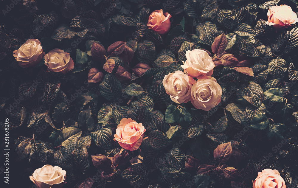 Artificial Flowers Wall for Background in vintage style - obrazy, fototapety, plakaty 