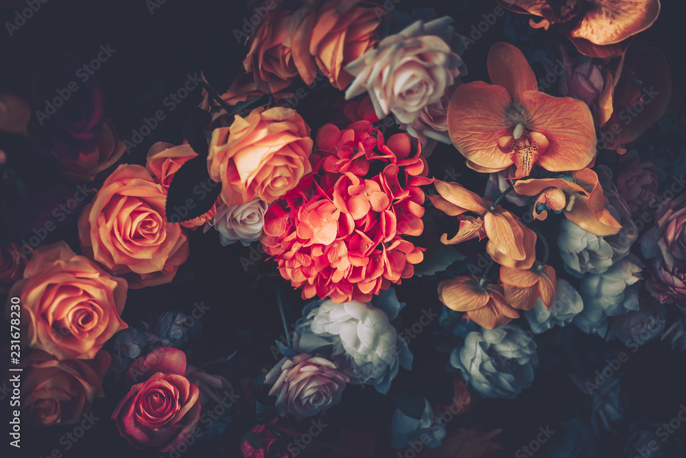 Artificial Flowers Wall for Background in vintage style - obrazy, fototapety, plakaty 