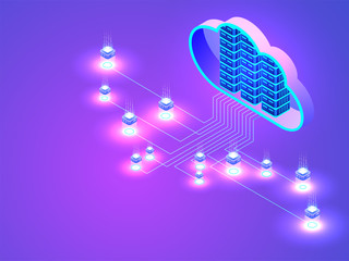 Wall Mural - isometric cloud server connected to data server on glossy purple background. data and technology con