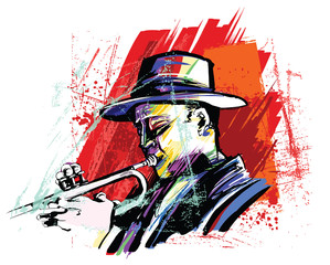 Leinwandbilder - Trumpet player over grunge background