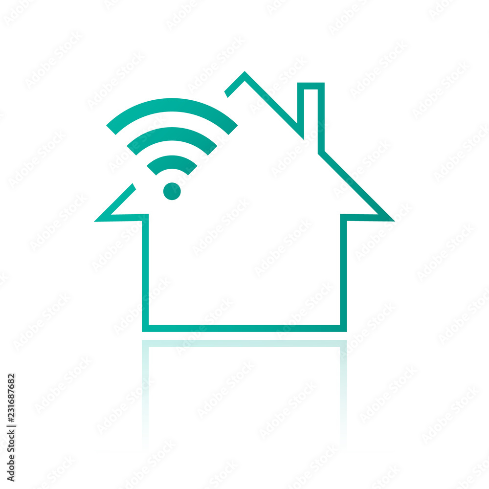 Smart house logo with outline house icon, wifi signal and reflection. Remote controlled home icon in clean modern design.