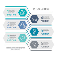 Flat line vector illustration. Infographic template with six elements, hexagons, rectangle. Timeline step by step. Designed for business, presentations, web design, diagrams, training with 6 steps