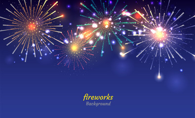 Colorful Fireworks on night sky background. Vector illustration