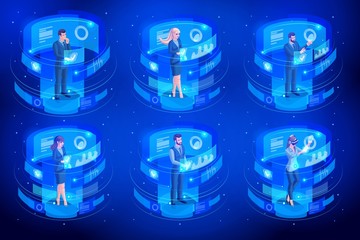 Wall Mural - isometrics set of businessmen and business ladies work on virtual screens, watch reports on sales an