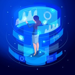 Wall Mural - isometric business lady works on a virtual screen, virtual reality, remote management of data and gr