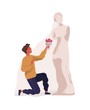 Young man standing on one knee and presenting bouquet of flowers to statue of woman. Concept of idealization of partner, unrequited love, blind affection. Colorful vector illustration in flat style.