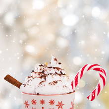 Christmas Cup With Hot Chocolate And Whipped Cream.