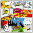 © designer_things - Comic book page divided by lines with speech bubbles, rocket, superhero and sounds effect. Retro background mock-up. Comics template. Vector illustration.