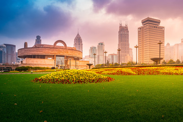 Shanghai downtown at day time, with Shanghai Museum background.