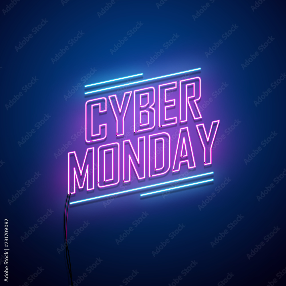 Cyber Monday background. Neon sign. Vector illustration.  - obrazy, fototapety, plakaty 