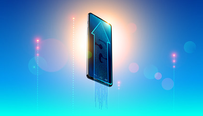 Fototapete - 5g digital network symbol on screen modern smartphone on background clear heavens and luminous signal lte of iot devices. The arrow showing hi-speed of internet connection. LTE wireless technology