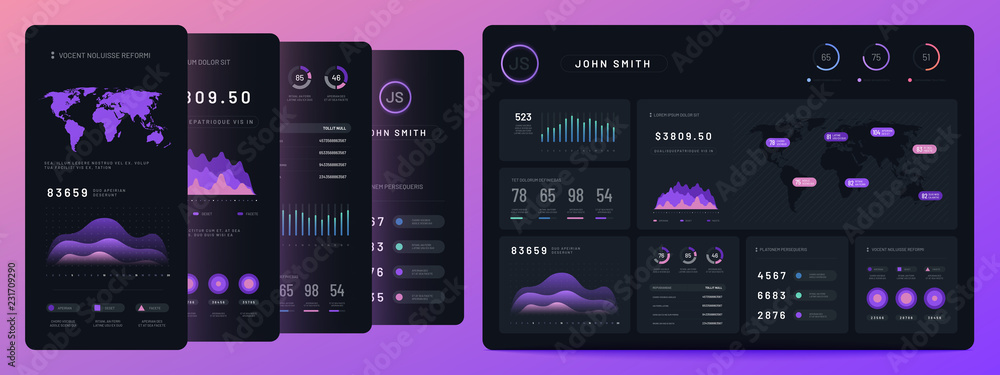 Digital dashboards. Mobile business bar graph and histogram, economic diagram and pie charts. Marketing infographics vector elements. Ui panel interface for smartphone and tablet illustration - obrazy, fototapety, plakaty 