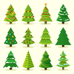 winter colorful cartoon christmas tree vector set. tree christmas for holiday, green pine with garla