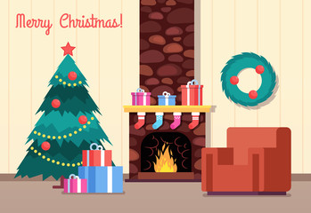 Canvas Print - Christmas tree and fireplace. Living room with gifts on fireplace. Happy new year and winter holiday vector cartoon greeting card. Illustration of living room christmas with gift box and fireplace