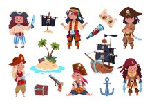 Pirate Characters. Cartoon Kids Pirates, Sailors And Captain Vector Isolated Set. Captain And Sailor Pirate, Boy With Sword And Hook Illustration