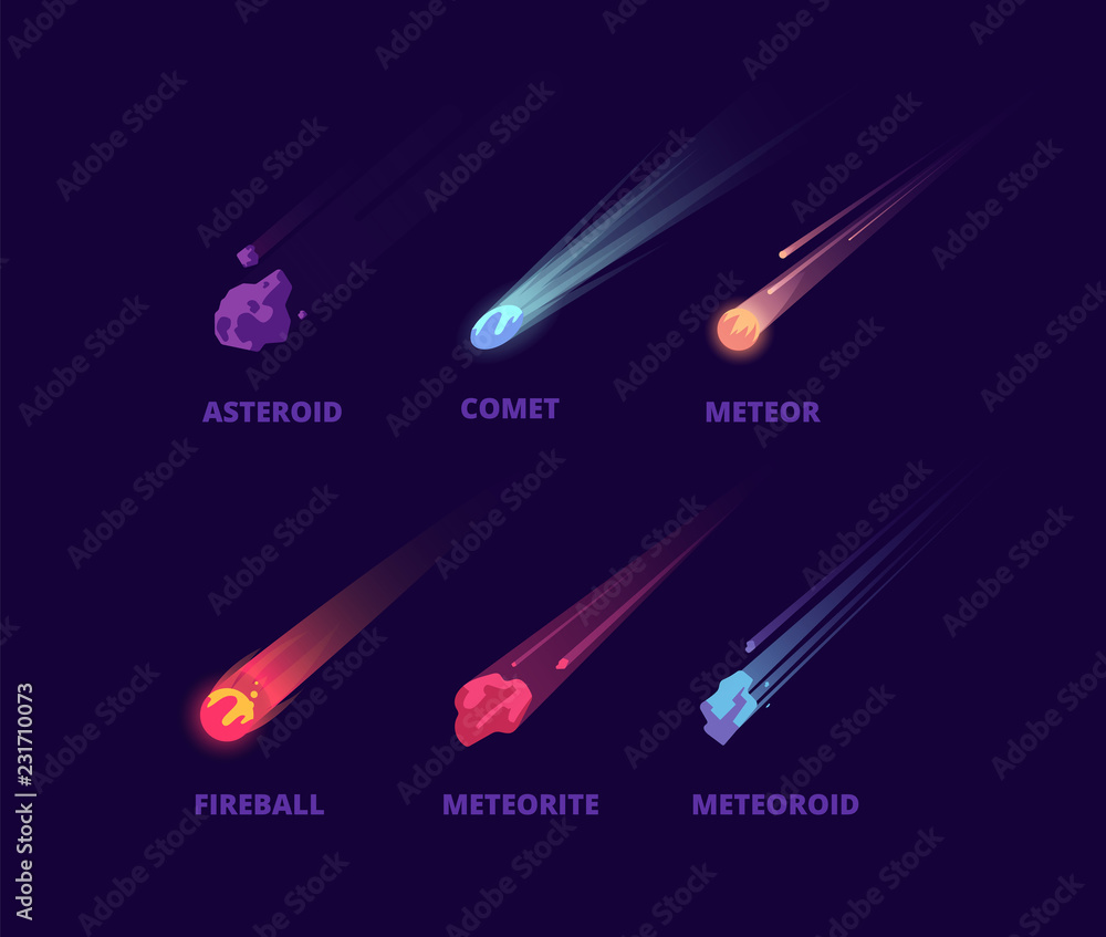 Comet asteroid and meteorite. Cartoon space objects. Atmospheric fireballs vector set. Illustration of asteroid and comet, meteor and meteorite - obrazy, fototapety, plakaty 