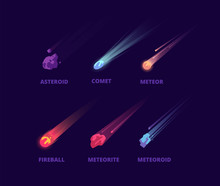 Comet Asteroid And Meteorite. Cartoon Space Objects. Atmospheric Fireballs Vector Set. Illustration Of Asteroid And Comet, Meteor And Meteorite