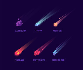 comet asteroid and meteorite. cartoon space objects. atmospheric fireballs vector set. illustration 