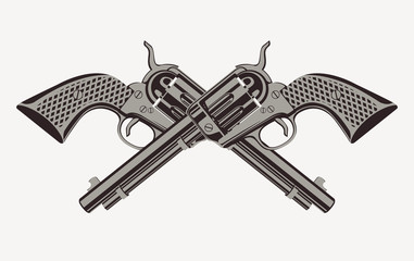 Illustration with two old crossed revolvers isolated on white background in a detailed realistic style. Vector banner on firearms and pistols theme. Template for clothing, textiles, t-shirt design.