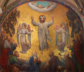 Wall Mural - PRAGUE, CZECH REPUBLIC - OCTOBER 13, 2018: The fresco of Ascension of Jesus in side apse of church kostel Svatého Václava by S. G. Rudl (1900).