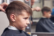 Side view of cute boy getting hairstyle by hairdresser in barbershop.