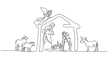 Wall Mural - Continuous one line drawing. Bible Merry christmas scene of holy family. Vector illustration