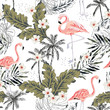 Tropical pink flamingo birds, plumeria flowers, palm leaves, trees white background. Vector seamless pattern. Graphic illustration. Exotic jungle plants. Summer beach floral design. Paradise nature