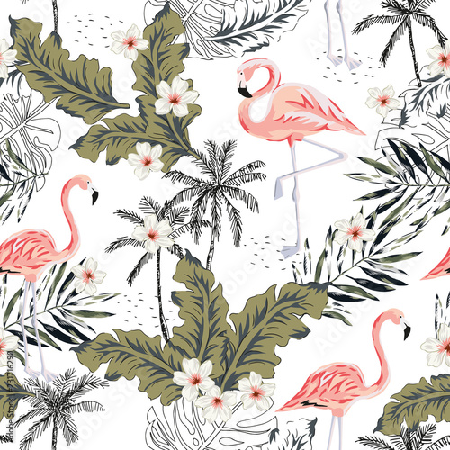 tropikalne-rozowe-ptaki-flaming-kwiaty-plumeria-liscie-palmowe-biale-tlo-drzewa-wektor-wzor-graficzna-ilustracja-egzotyczne-rosliny