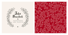 Feliz Navidad Y Prospero Ano Nuevo - Merry Christmas And Happy New Year. Spanish Christmas Vector Card And Pattern. White Branches On A Red Background.Brown Text, Heart And Twigs On Beige Background.