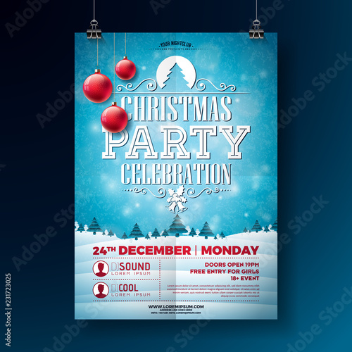 Christmas Party Flyer Illustration with Typography Lettering and Holiday Elements on Winter Landscape Background. Vector Celebration Poster Design Template for Invitation or Banner. © articular
