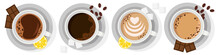 Four Types Of Coffee In Cups With Slices Of Lemon And Chocolate. The View From The Top.
