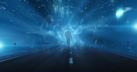 Wall Mural - artistic walking on digital cyberspace road. futuristic artificial intelligence background.